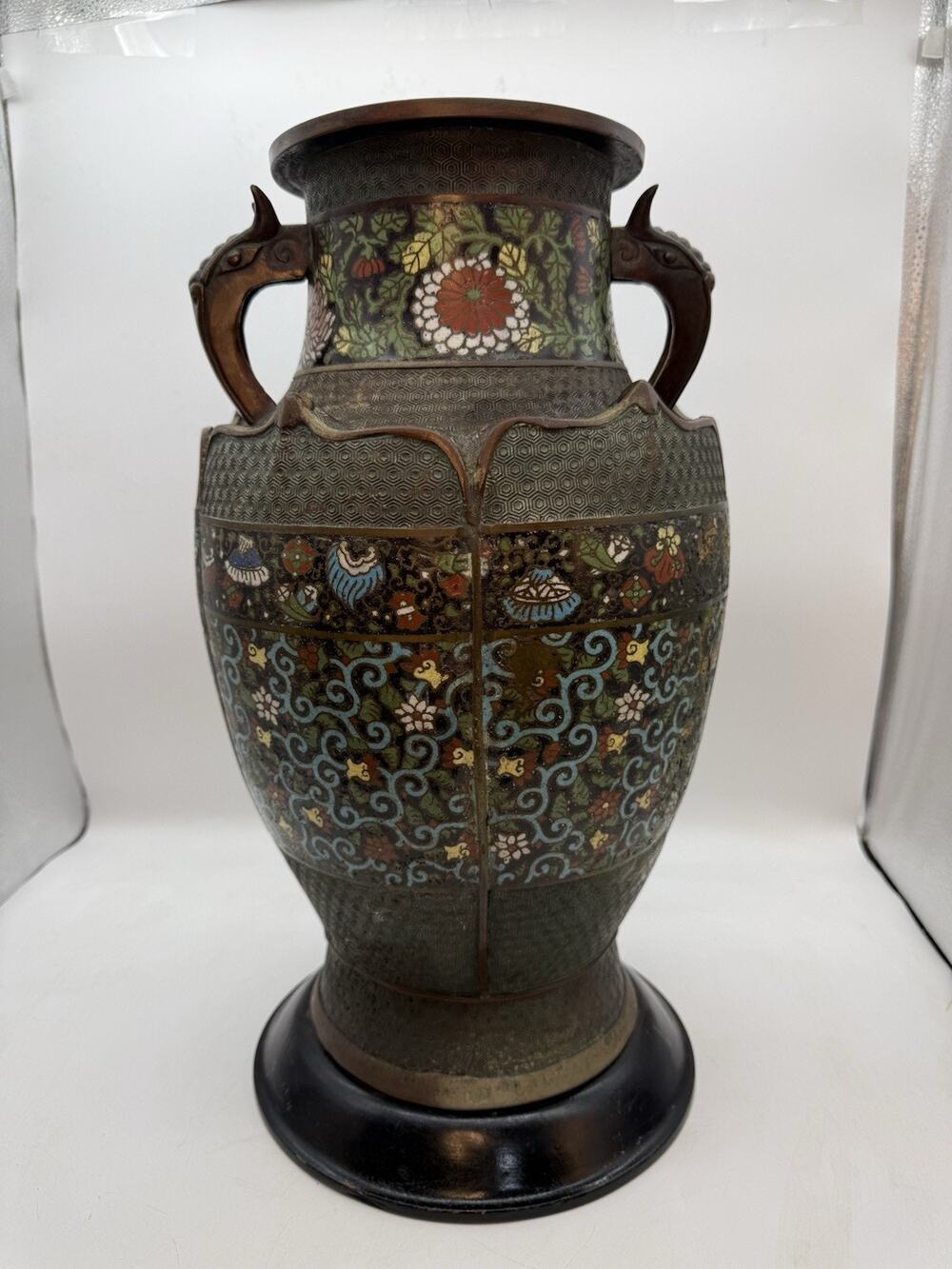 17.5” Antique Japanese Bronze Champleve Cloisonné Enamel Vase Dragon Handles ⬇️